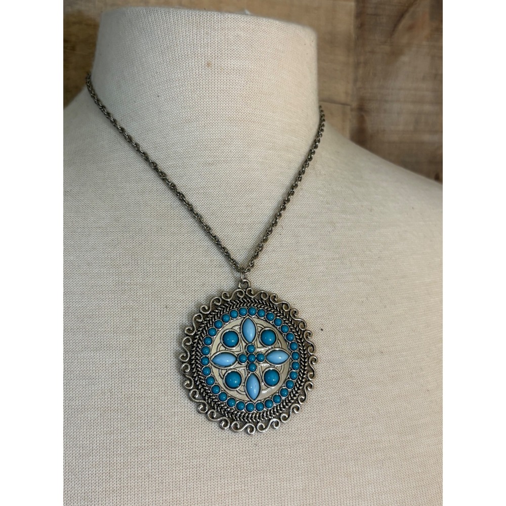 Bohemian Silver Tone Turquoise Medallion Pendant Necklace Filigree Scrollwork